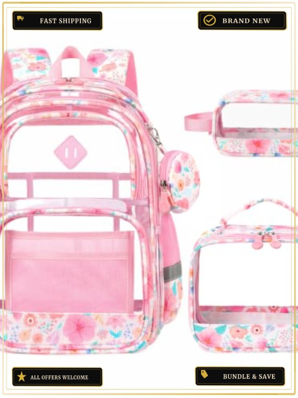 Clear Corduroy Backpack for Girls with Lunch Bag & Pencil Case 3PCS School Set
